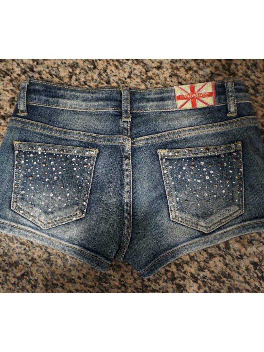 Machine Y2K jewel button denim jean shorts with rhinestones